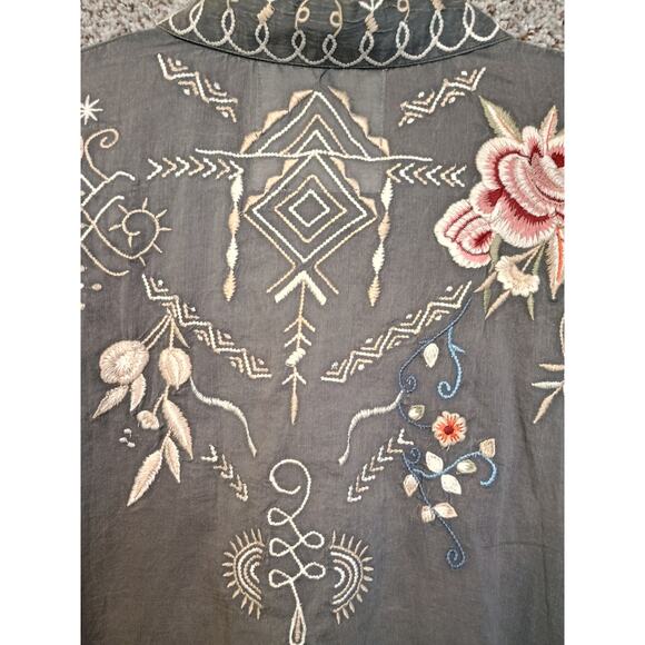 Kyla Seo XL Hand-Embroidered Cotton Tunic Shirt Gray Boho Artisan Blouse - Picture 9 of 16